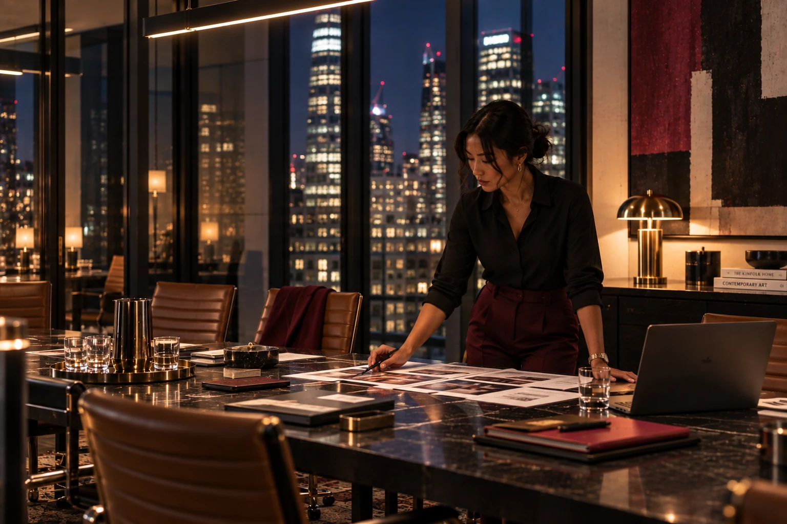 A woman reviewing documents across a large table in a city high-rise at night.